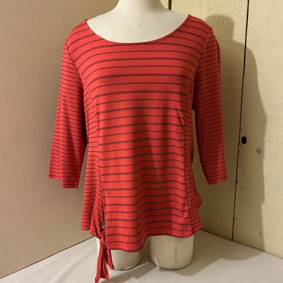 Habitat Tops - Habitat Womens L Coral Orange Black Striped 3/4‎ Sleeve Side Tie Top 57621